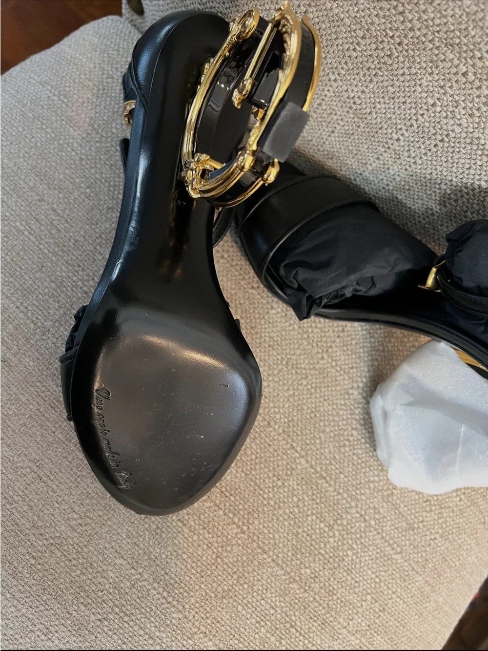 Dolce & Gabbana Black Leather Sandals with Ornate Gold Scroll Heels